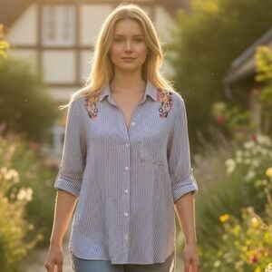 Boho Embroidered Striped Blouse Women 1X Festival Cottagecore Western Top